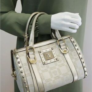 Versace Metallic Gold Beige Signature Fabric and Leather Snap Out Of It Satchel